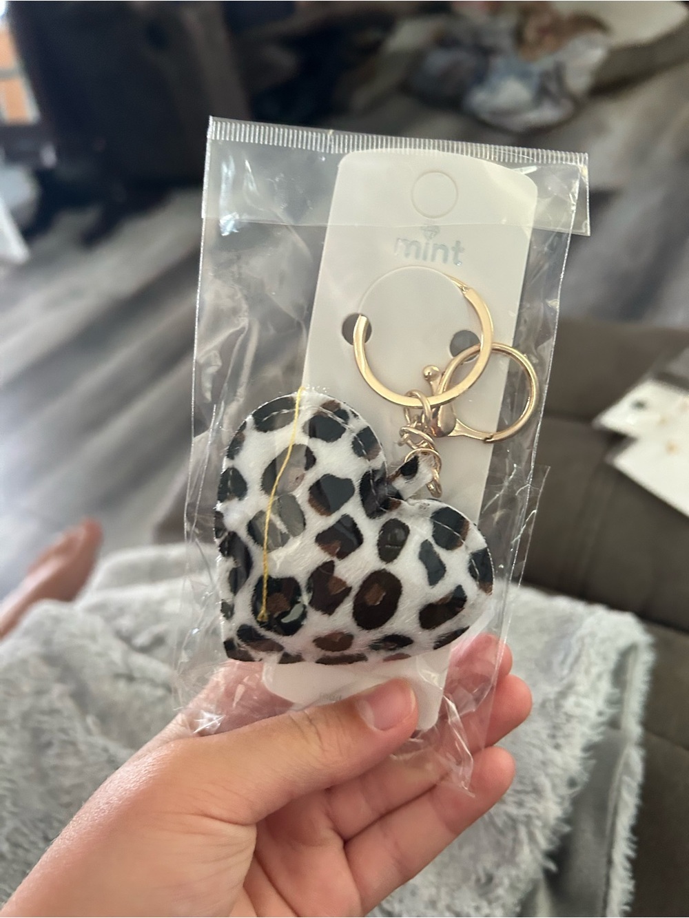 4/$50 Mint Heart Keychain with Leopard Print and Gold Hardware